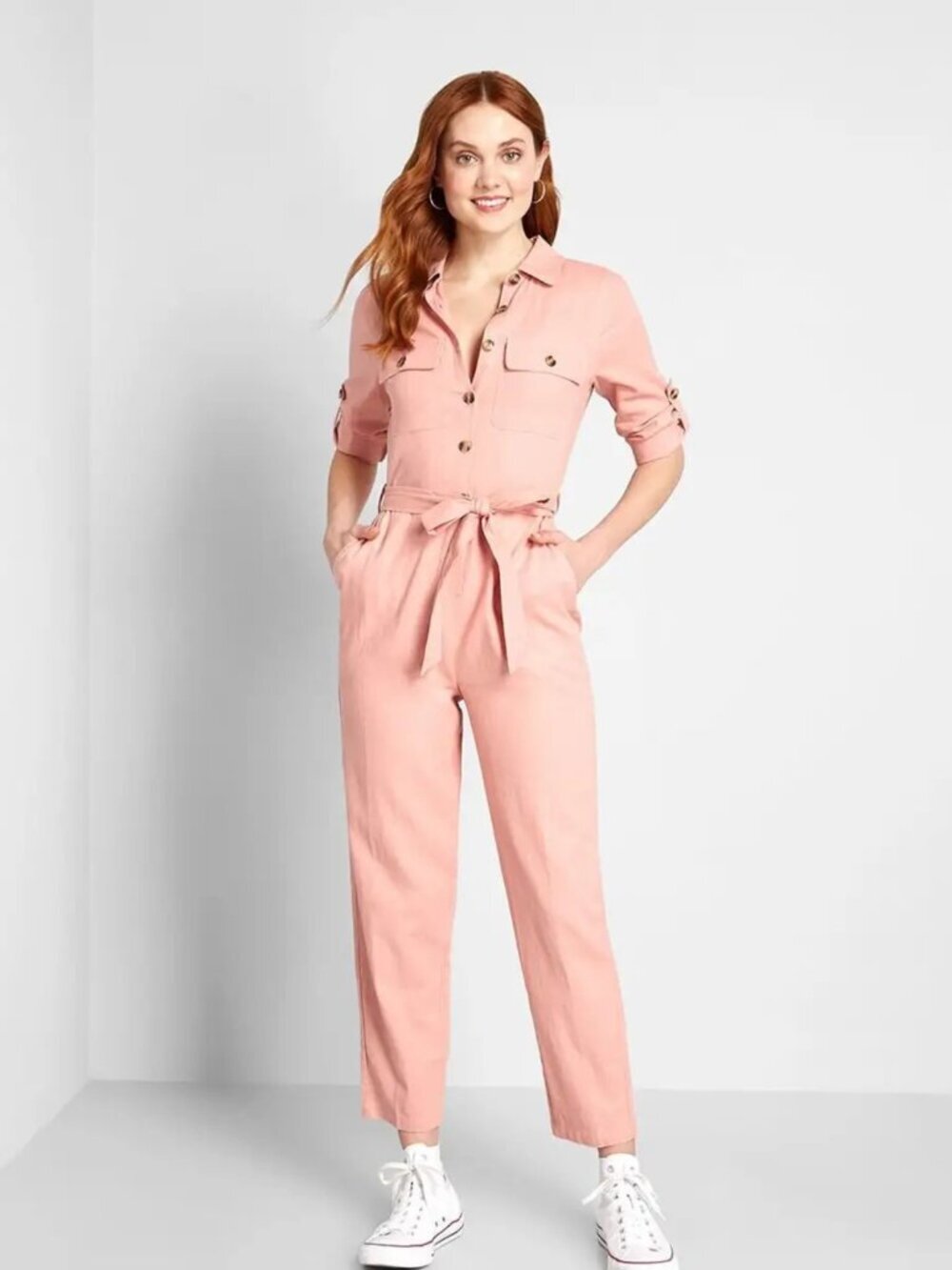 Modcloth pink linen blend button front jumpsuit tie waist cropped long sleeve